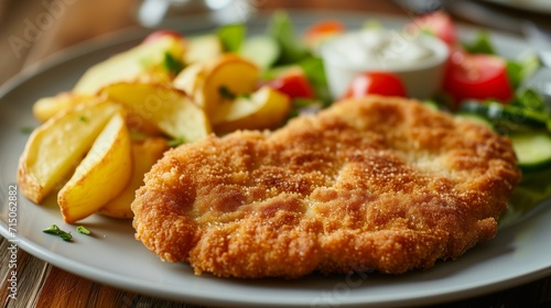 Golden crispy schnitzel served with roasted potato wedges and fresh salad photo