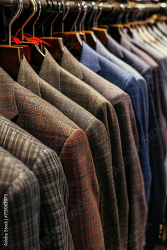 Menswear boutique showcases a stylish collection of formal and casual suits on wooden clothing racks.
