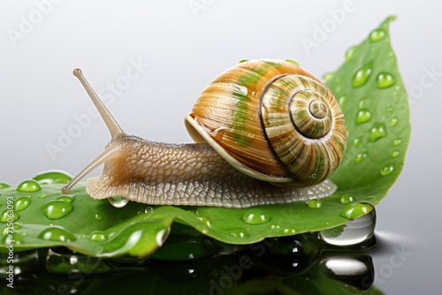 A close-up of a brown garden snail with a spiral shell, crawling on a wet leaf in a natural environment.