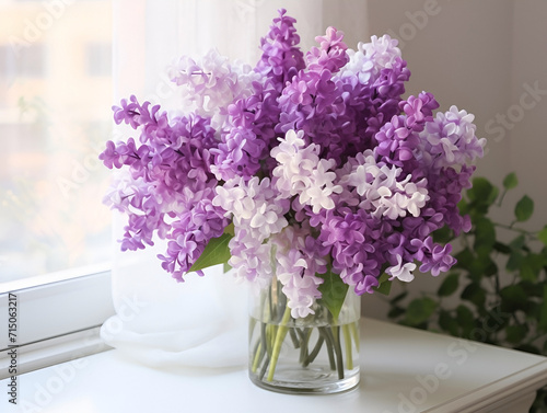 Beautiful lilac flowers in vase on white table near wall