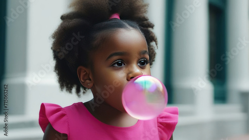 Little girl blowing a bubble gum bubble photo