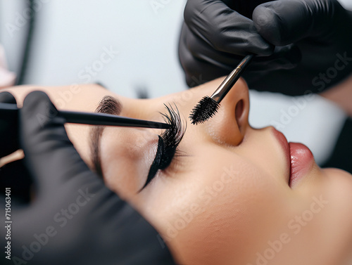 A close-up of the eyelash care procedure in a beauty salon. The makeup artist does the curling and coloring of eyelashes for the client photo