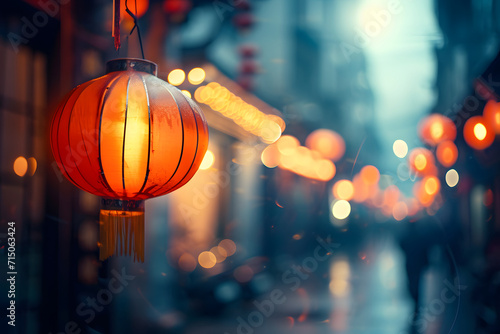 Chinesisches Stadtzauber: Hintergrund mit leuchtenden Lampions in den Straßen von China Town, eingefangen im städtischen Bokeh der Nacht. photo