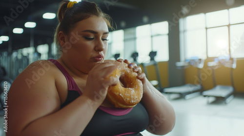 Overweight woman eating donut in the gym. 