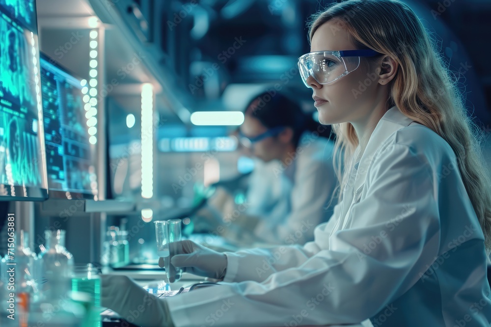 Collaboration, science and computer with a doctor women team in a laboratory. Collaboration, science and computer with a doctor women team in a laboratory.