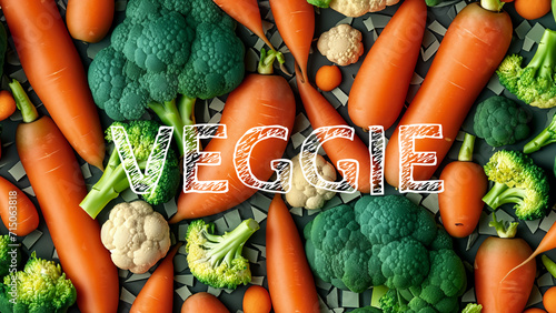 Vegetarian wallpaper with colorful fresh vegetables carrot broccoli cauliflower vegan mosaic 4K