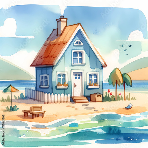 House on the beach. Watercolor illustration in a playful style.