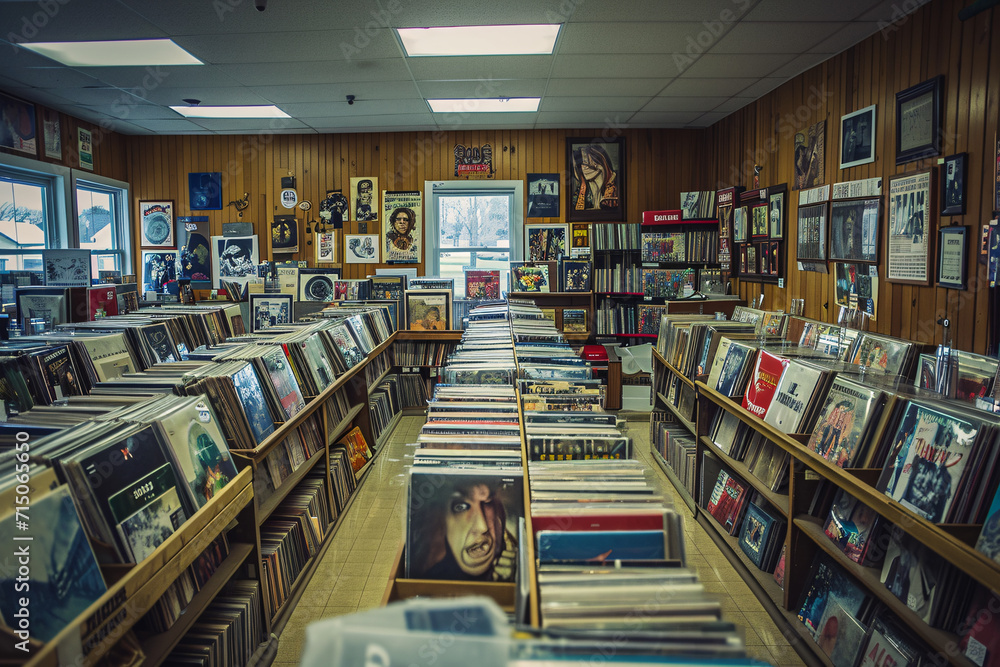 Wide selection of vinyl records in an established record store. Music heritage and vinyl culture concept. Design for musical history documentation, collector's catalog, audio preservation project
