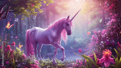 cute pink unicorn with flowers.