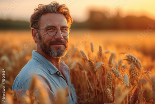 Mature smiling man farmer standing among ripe wheat field at sunset