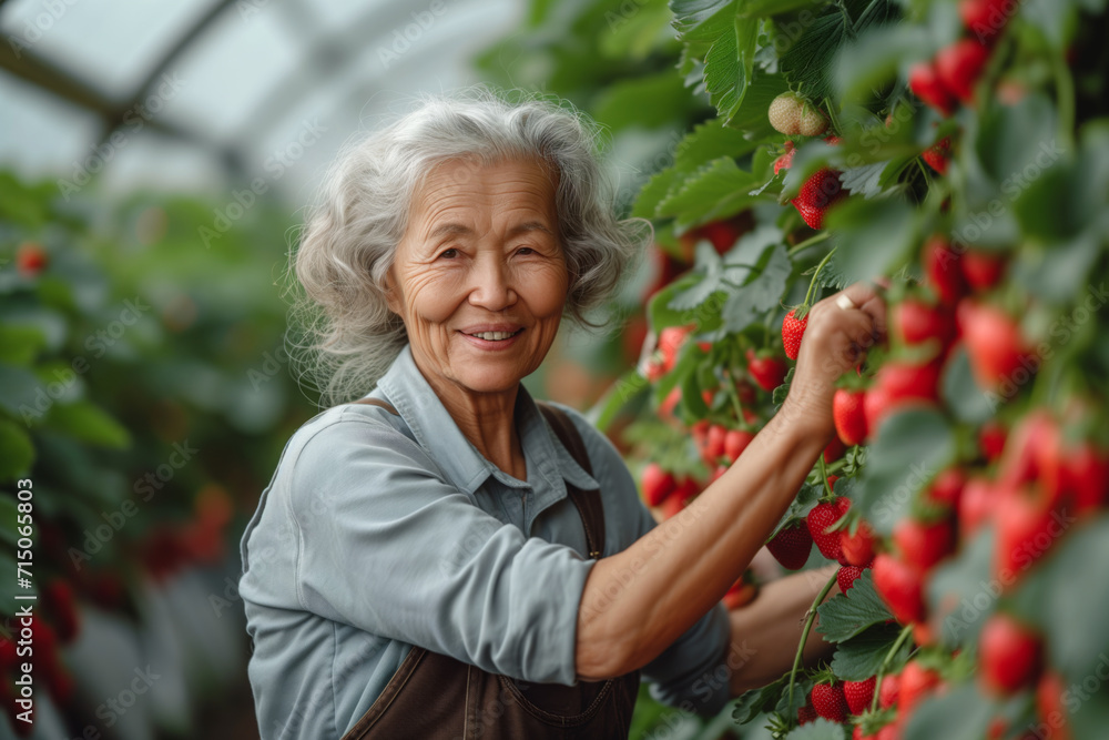 Cheerful senior asian woman farmer harvest strawberries in greenhouse Cheerful senior asian woman farmer harvest strawberries in greenhouse