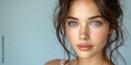 Close-up beauty portrait of a young woman with clear and healthy skin, attractive features, and stylish makeup in a bright studio setting.