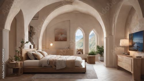 Ultra realistic  photo of Modern take on  rivendell inspired small condo white cream stone, light wood round arches interor view of bedroom © Muhammad