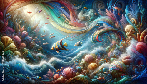 Ocean's Whimsical Waves. Whimsical waves and currents in an artistically rendered underwater scene with colourful fish.
