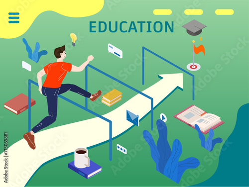 Young man running learning preparing for exams student overcoming obstacles