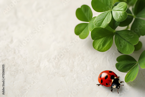 Natürlicher Glücksmoment: Hintergrund mit einem Marienkäfer und einem Rahmen aus Klee für frühlingshafte, harmonische Impressionen.