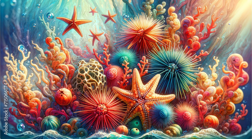 Abstract Underwater Coral and Starfish Landscape. Abstract landscape of an underwater world with starfish and diverse coral species.