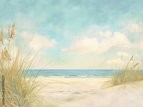 Coastal dunes watercolor illustration with sea oats and cloudy sky. Peaceful beach landscape and nature concept. Design for eco-friendly products, greeting cards, travel brochures 