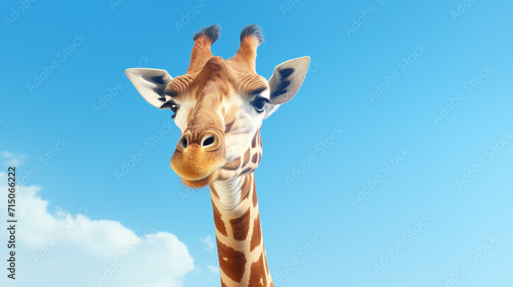 Giraffe close up isolated on blue sky background