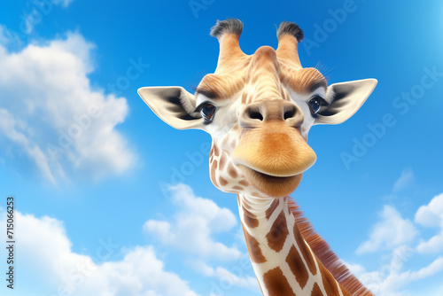 Giraffe close up isolated on blue sky background