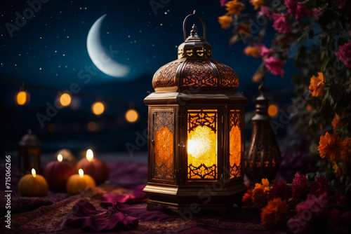 "Ramadan Glow: Moon and Lantern in the Night Sky"