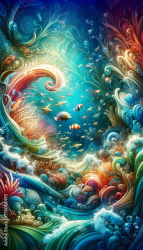 Surreal Ocean Vortex. Artistic depiction of sea life with a surreal twist and oceanic vortex.