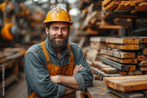 Smiling worker in a hard hat at a lumber mill photo
