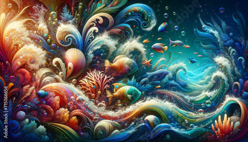 Whimsical Oceanic Flow. Whimsical ocean illustration with dynamic flow and colourful marine fauna.