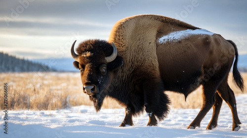American Bison walking out in the snow buffalo