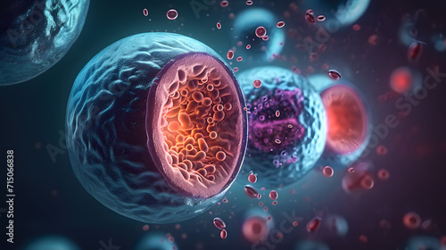Human cell. Embryonic stem cell microscope. Components of Eukaryotic cell, nucleus and organelles and plasma membrane. Medicine, microbiology, dna, molecule