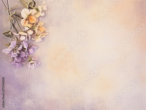 Elegant dried flowers on a textured background with copy space. Vintage floral concept. Design for greeting card, invitation, nostalgic poster. 
