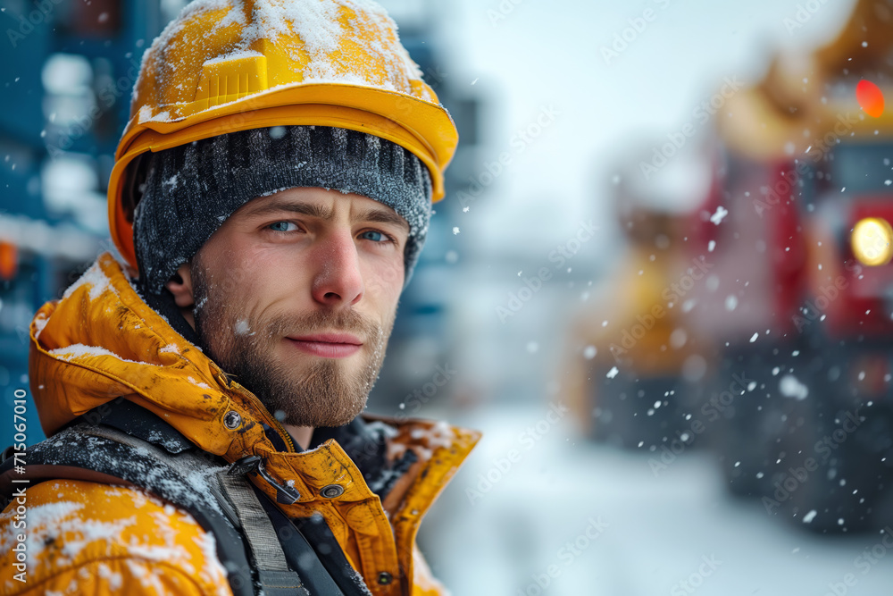 Construction worker in winter attire, with snow-covered trucks in the background Construction worker in winter attire, with snow-covered trucks in the background