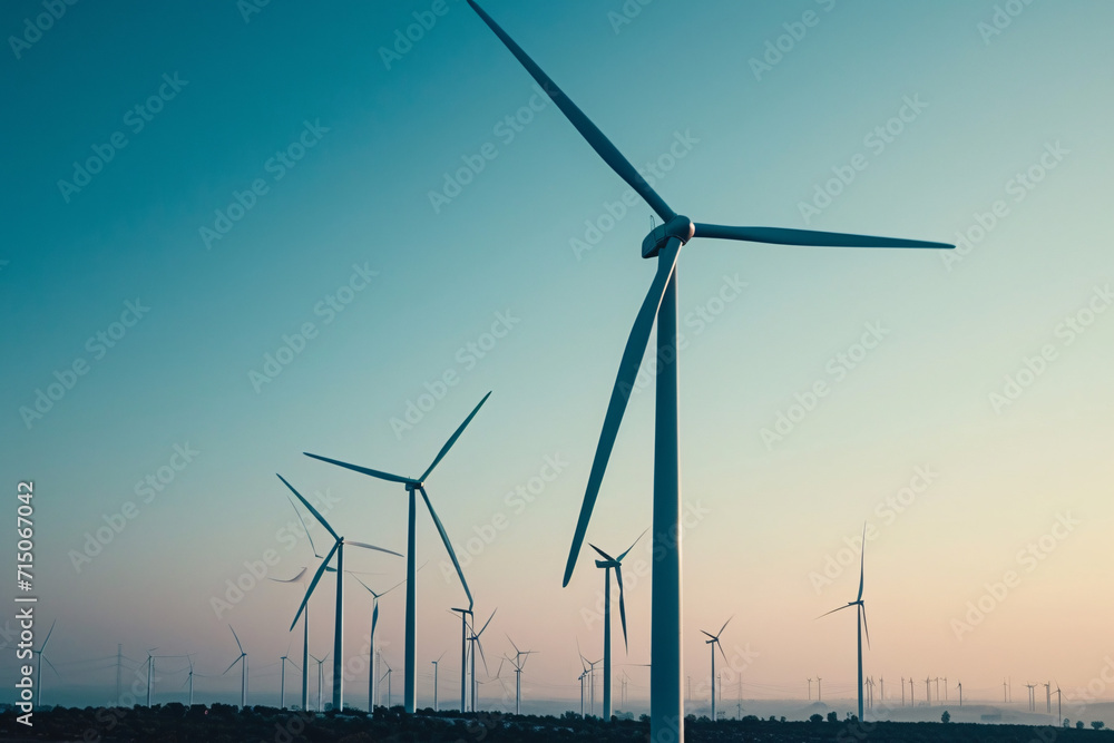 Fototapeta premium Wind turbines in a desert landscape at dusk. Renewable energy and sustainability concept. Design for environmental poster, eco-friendly theme, technology background 