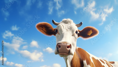 Close up cow on blue sky background
