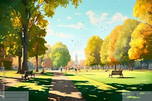 A sunny day in an English park in Wolverhampton, depicted in a horizontal canvas illustration. Suitable for printing. Generative AI photo