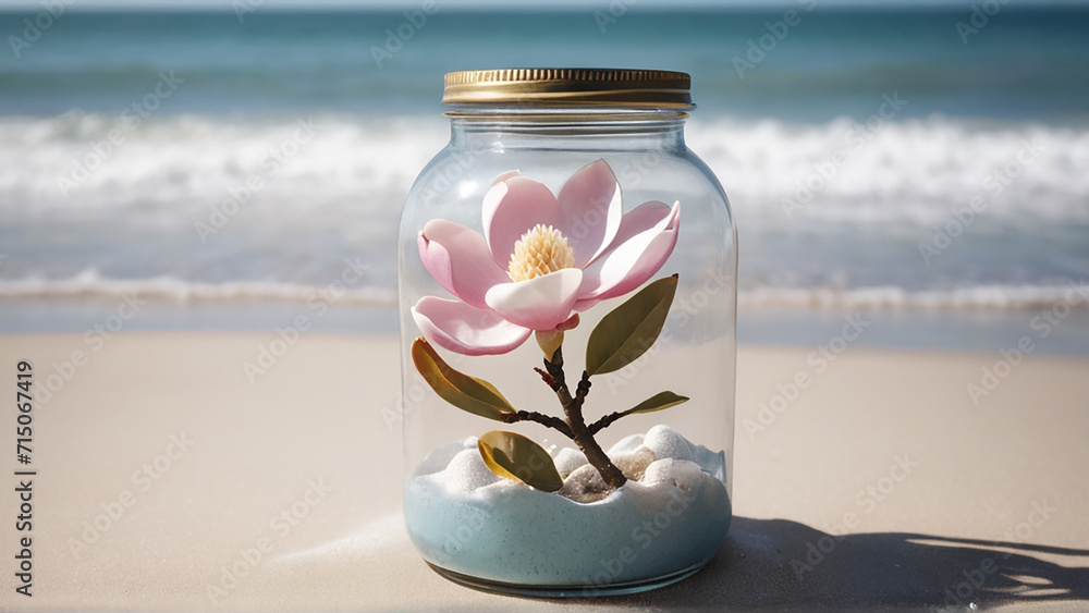 A Captivating Magnolia Flower Jar Amidst Beach Serenity AI GENERATED A Captivating Magnolia Flower Jar Amidst Beach Serenity AI GENERATED