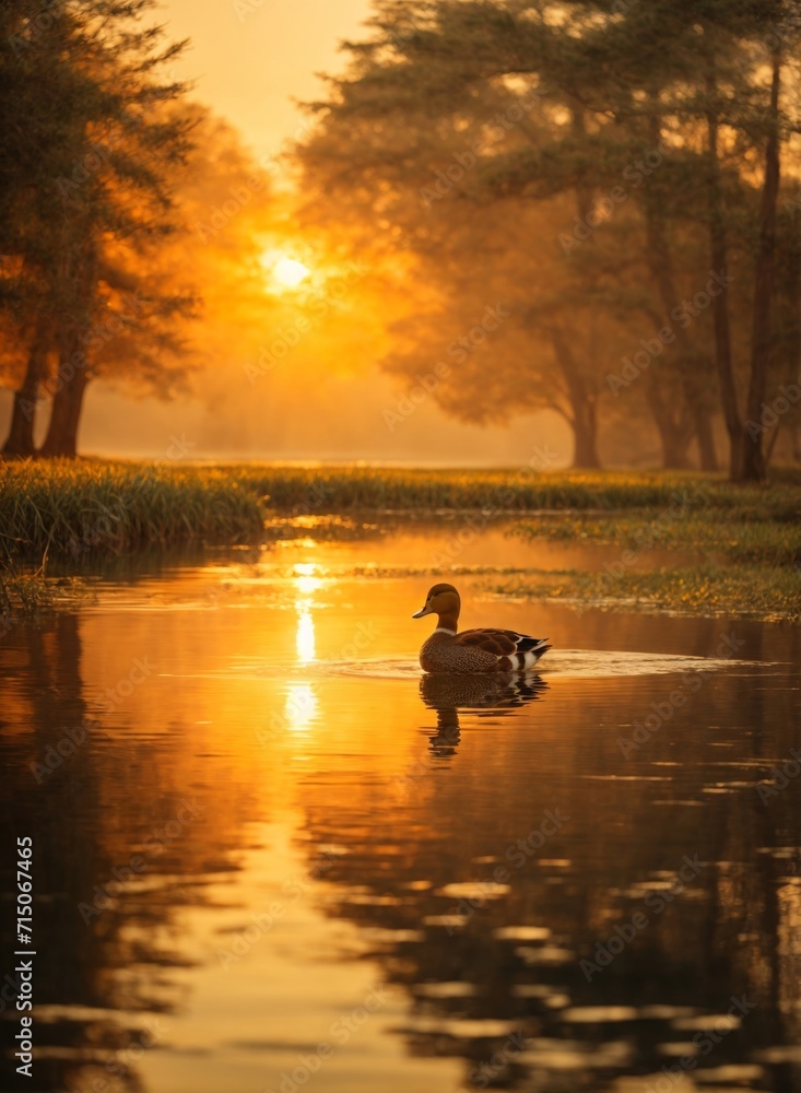 Sunset on the lake with a lone duck in the water