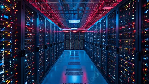 bird's-eye view, array of secure servers in a data center, top view in room, industrial area, evening, LED lights, secure, Drone Camera, generative ai.