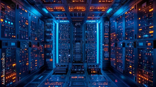 bird's-eye view, array of secure servers in a data center, top view in room, industrial area, evening, LED lights, secure, Drone Camera, generative ai.