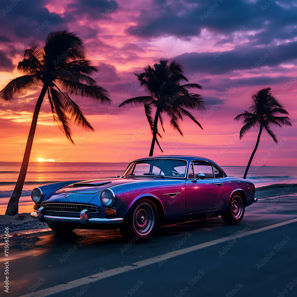 a blue car parked on the side of a road near the ocean at sunset or sunrise time with a pink and purple sky