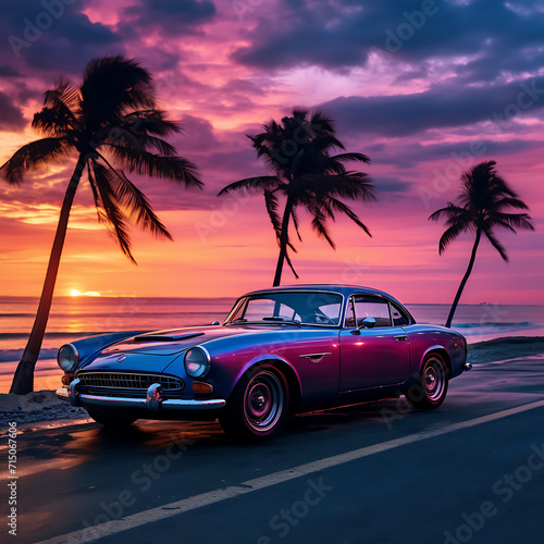 a blue car parked on the side of a road near the ocean at sunset or sunrise time with a pink and purple sky © DigitaArt.Creative