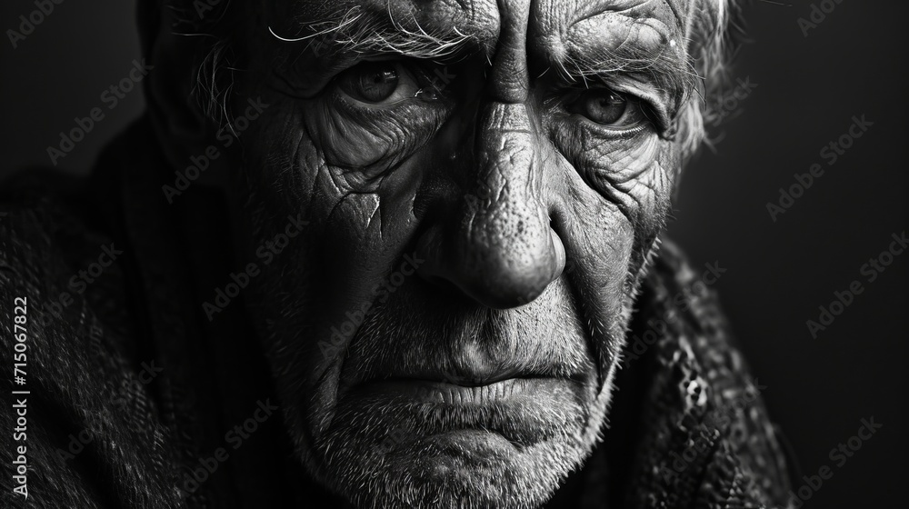 Black and white close up portrait of an angry old man
