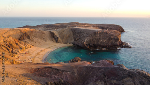 Coastline Atlantik Ocean view from above. Sunset above Mountain and Ocean. Canary Islands. Lanzarote 
