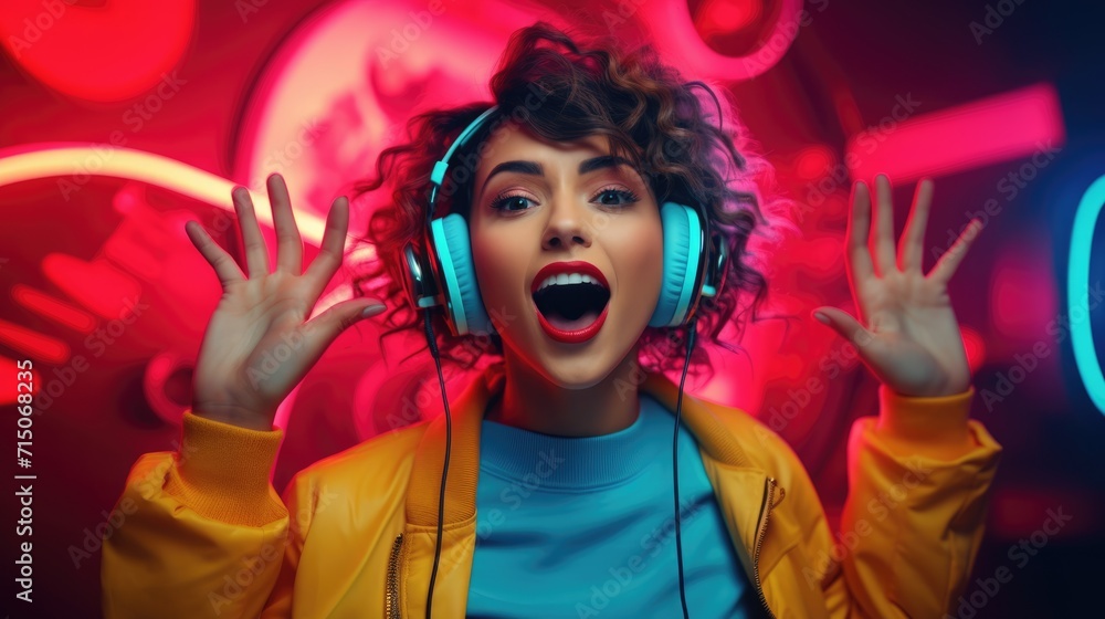 Fashion hipster girl in headphones in vibrant clothes on a neon background