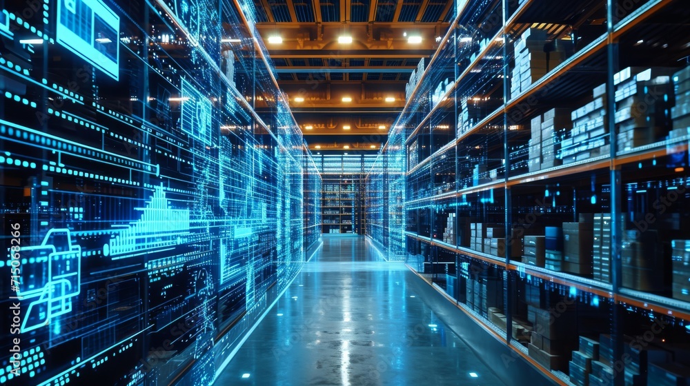 Experience the future of warehouse management with this cutting-edge visualization of the digitalization process, showcasing efficiency, technology integration, and modern logistics in action - obrazy, fototapety, plakaty 