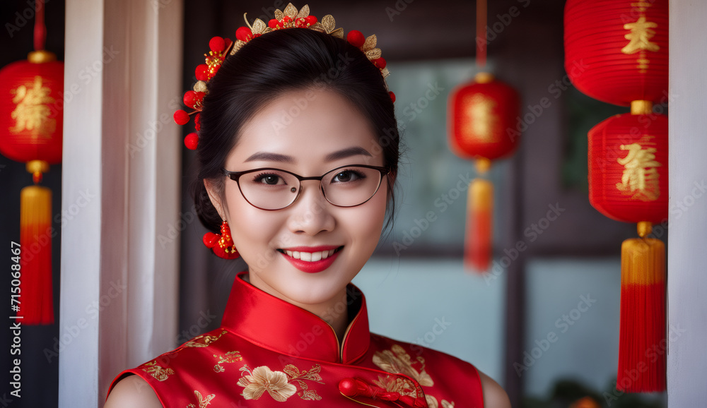 asian portrait a beautiful girl , women wearing a cheongsam,  chinese new year's eve, asian girl in traditional suit, chinese new year background
