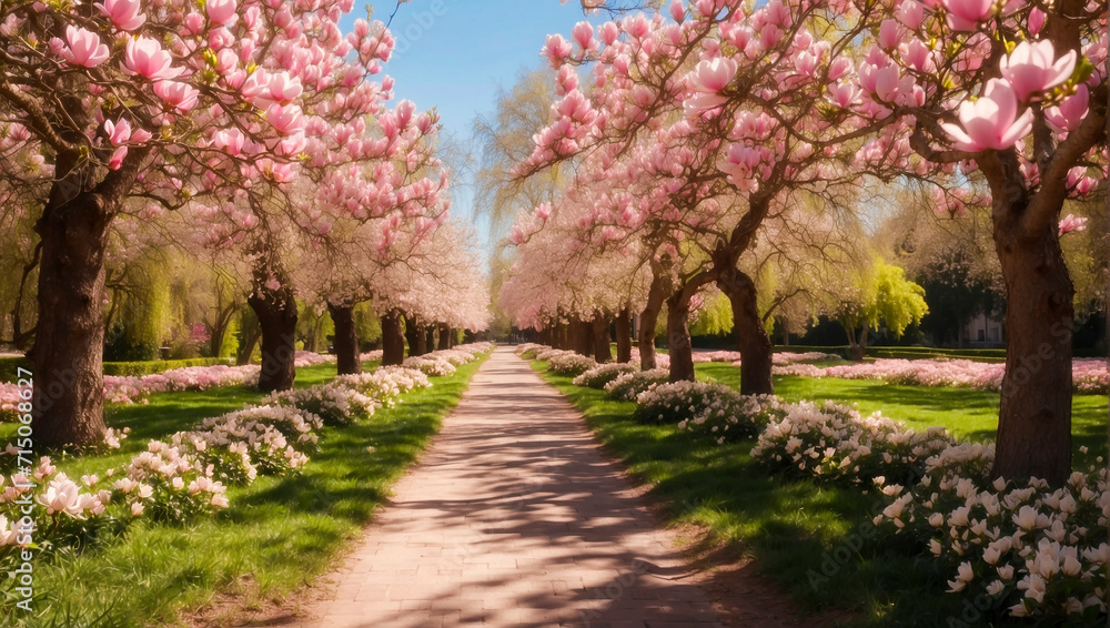 Alley of blooming magnolias in the park