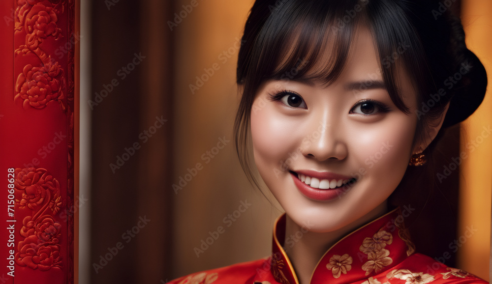asian portrait a beautiful girl , women wearing a cheongsam,  chinese new year's eve, asian girl in traditional suit, chinese new year background