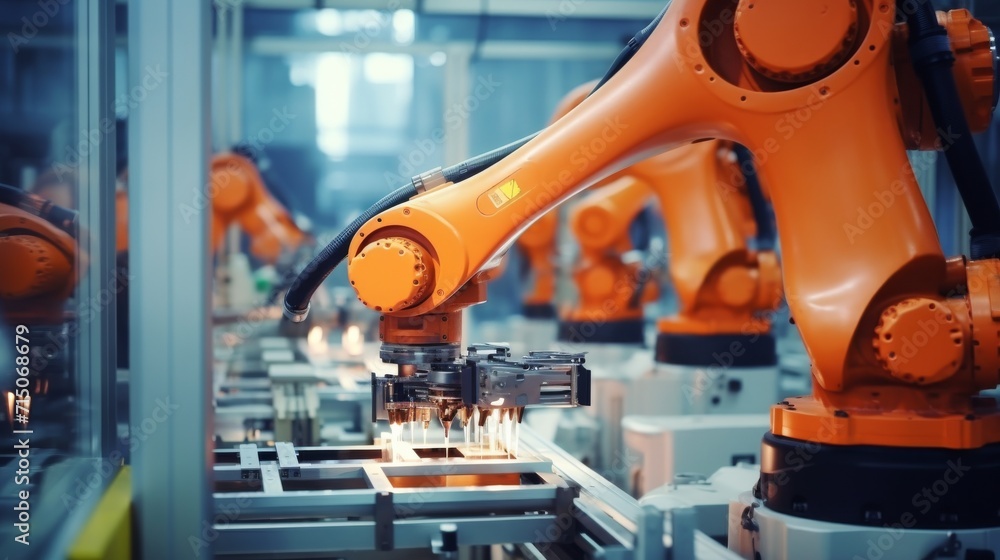 Advanced high, precision, robots, working in high-tech factory. Advanced high, precision, robots, working in high-tech factory.