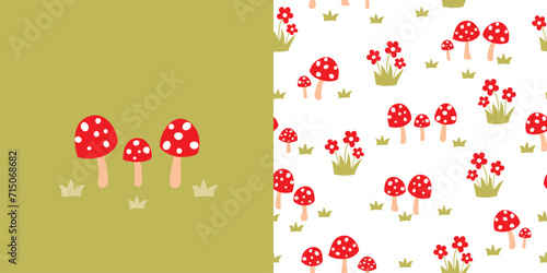 Cute mushroom card and seamless pattern. Spring background with mushrooms and flowers. Vector illustration. It can be used for wallpapers, wrapping, cards, patterns for clothing and others.